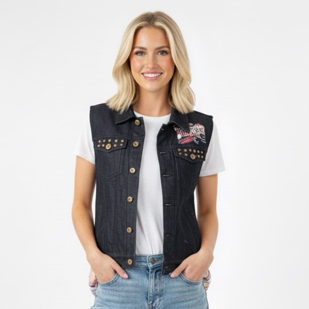 Agile denim sleeveless dark wash Denim Vest Studded Details & America detail